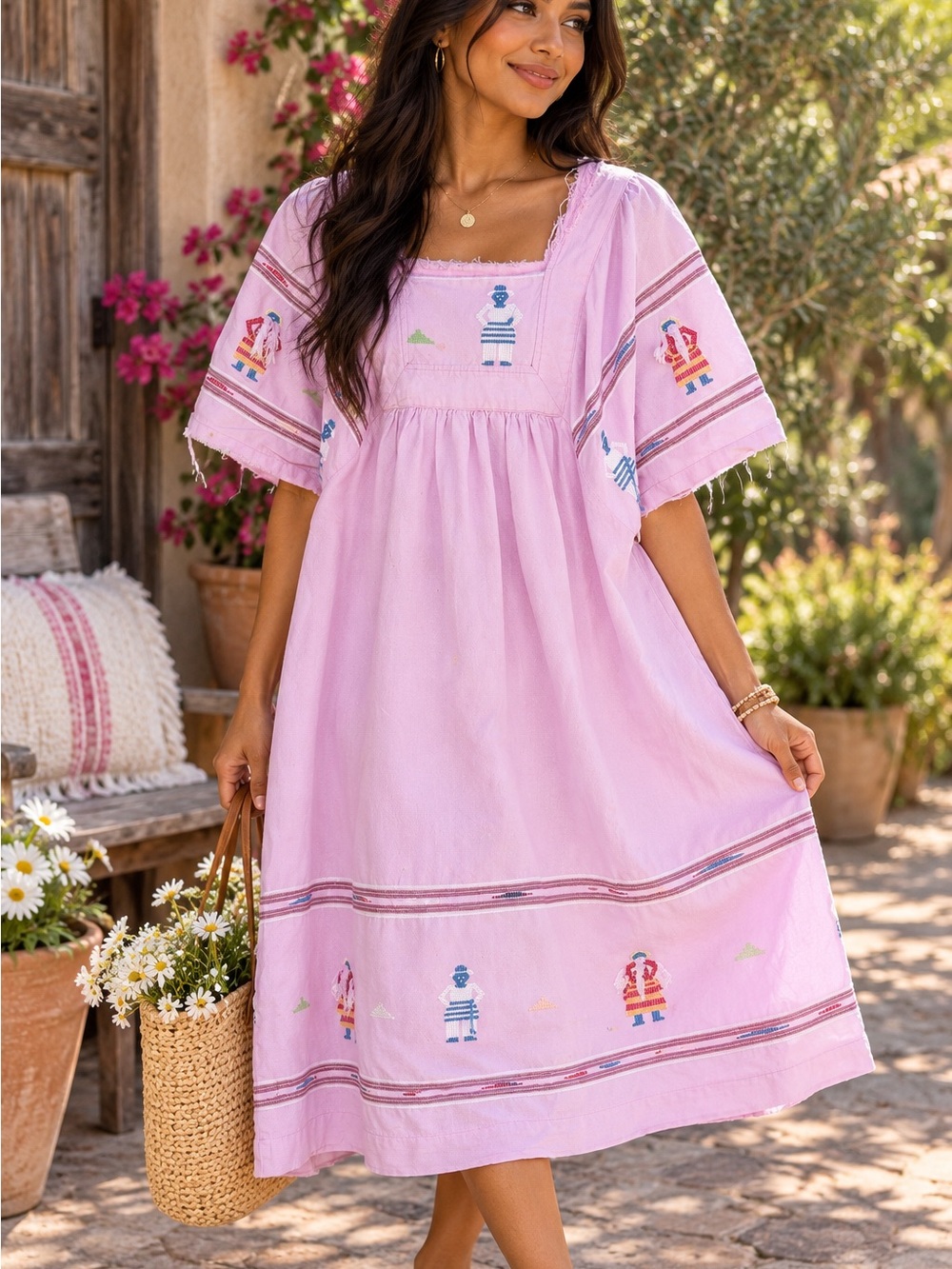 Vintage Pink Embroidered Folk Art Maxi Dress Boho Artisan Kaftan